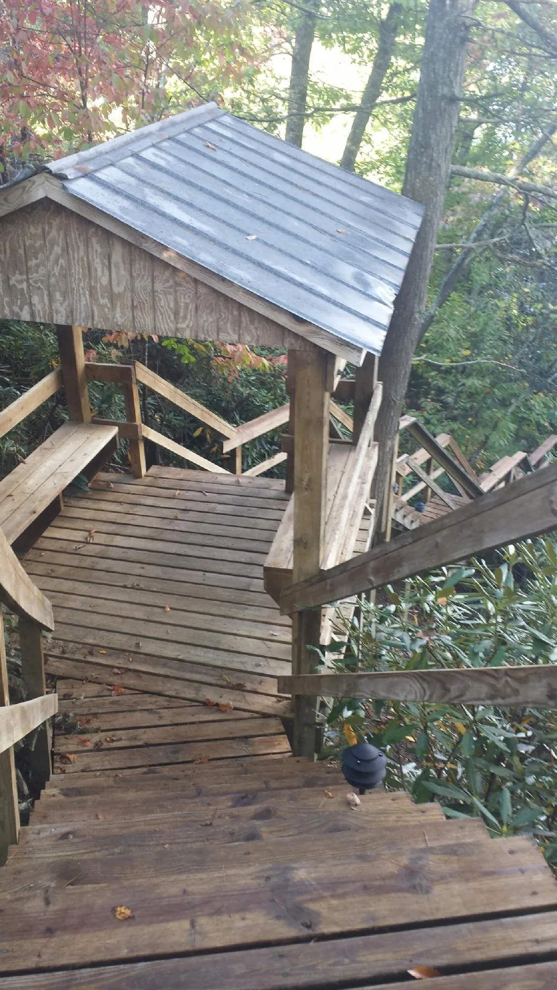 Metal roofed shelter over wooden steps on a wooded walkway — Skylight Repair & Installation work by our crew in Newton Highlands